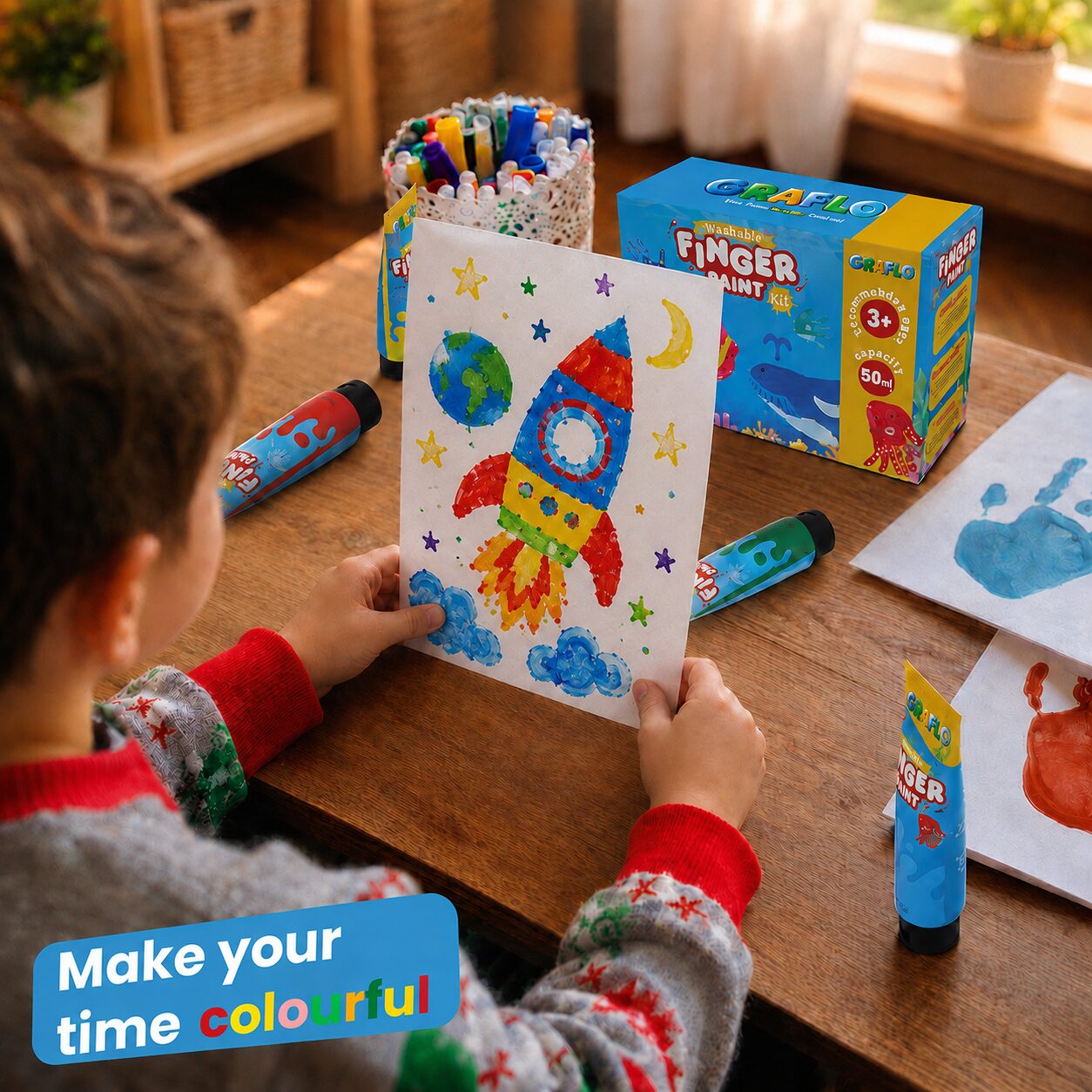 A child holding up a finger-painted picture of a tree, sun and rainbow made with the GRAFLO washable finger paint kit - make your time colourful