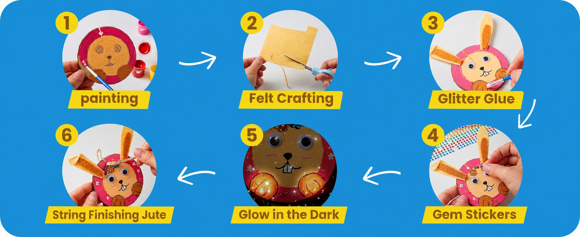 Six steps: painting, felt crafting, glitter glue, gem stickers, glow in the dark, then string finishing with jute twine