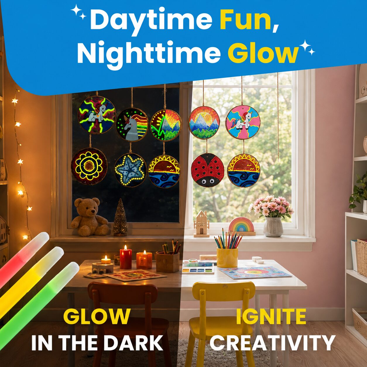 Daytime fun, nighttime glow: painted wood slices hanging in a window, shown lit by day and glowing in the dark at night