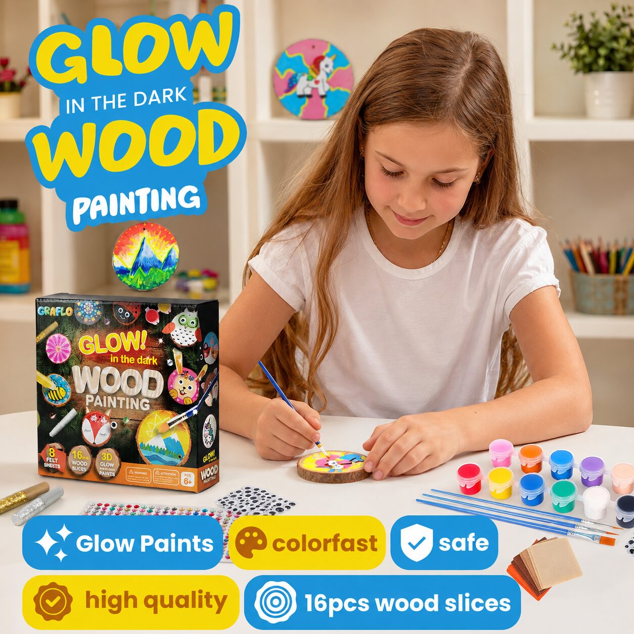 Glow in the dark wood painting: a girl painting a wood slice at a table with the kit box, gem stickers, wiggly eyes, paints, brushes and felt sheets, badged glow paints, colorfast, safe, high quality and 16 pieces of wood slices