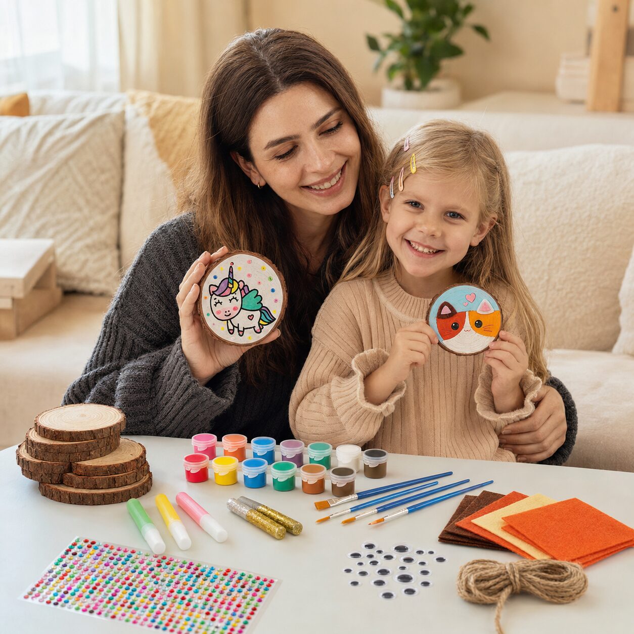 A mother and daughter holding up wood slices they have painted with a unicorn and a cat, with the kit spread out on the table in front of them