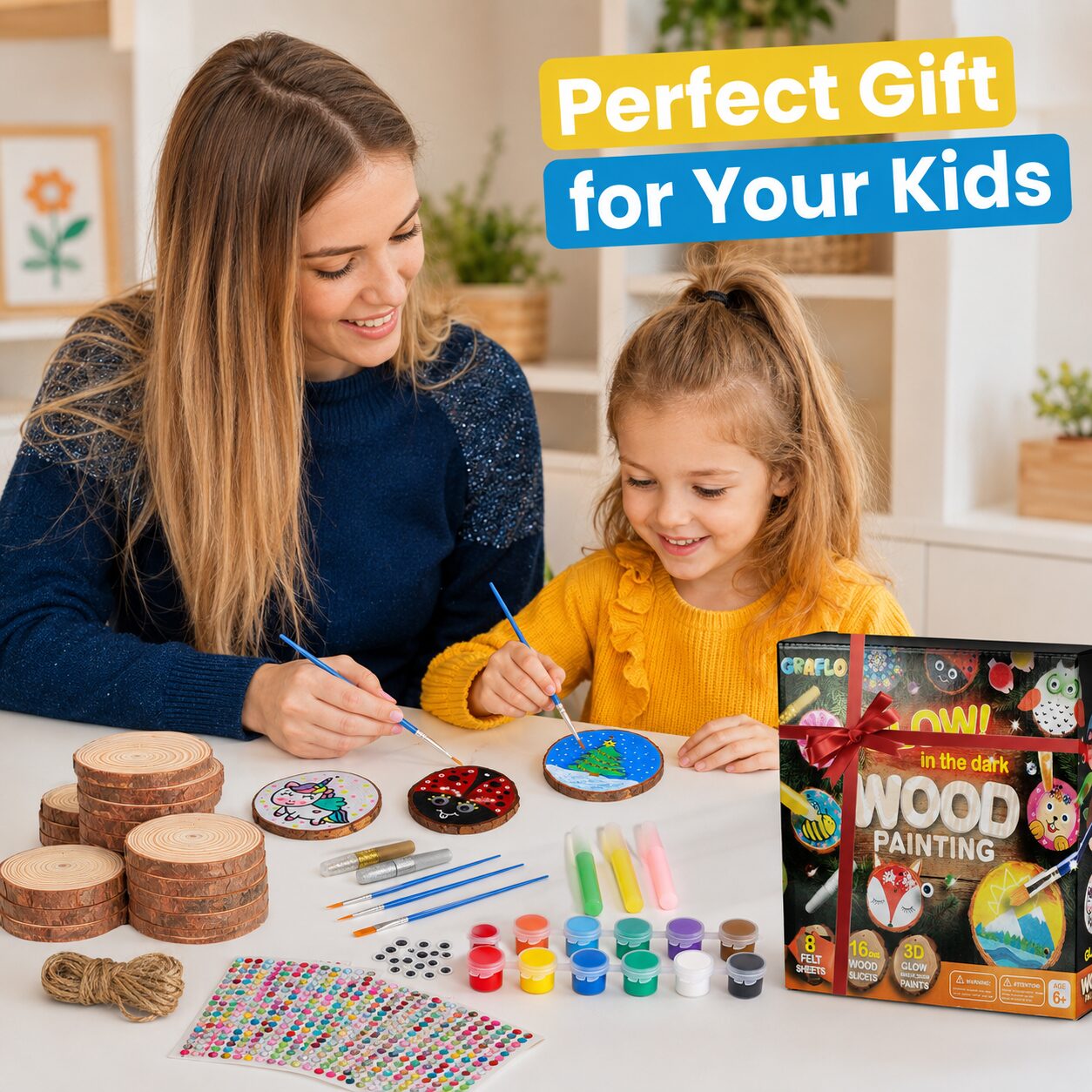 Perfect gift for your kids: a mother and daughter painting wood slices together beside the gift-wrapped GRAFLO wood painting box